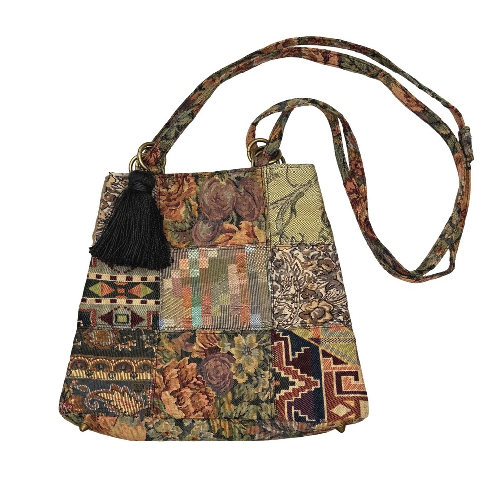 Leslie Fay Shoulder Bag Womens Medium Multi Color Patchwork Tapestry Tassel Boho
